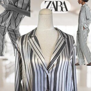 Zara Lingerie Striped Mulberry Silk Shirt in a black and white vertical stripes